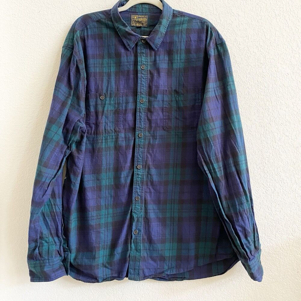 Lucky Brand Mens Flannel Shirt XXL Blue Green 100% Cotton Plaid Classic Fit
